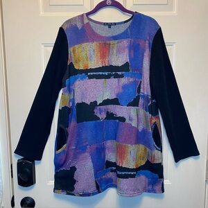 Lily London Women’s Tunic Sweater Top With Pockets Abstract Artsy Boho Sz L